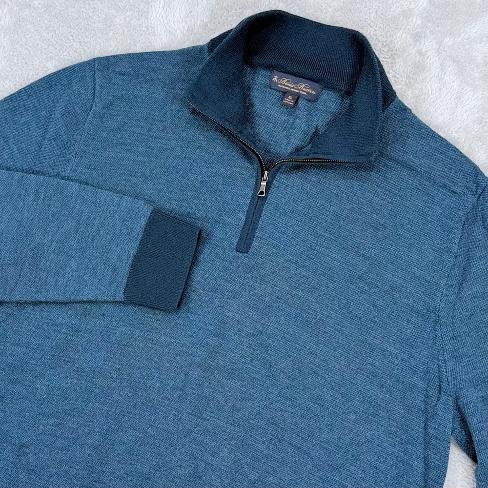 Brooks Brothers 1/4 Zip Sweater Mens XL Blue Washable Merino Wool Pullover